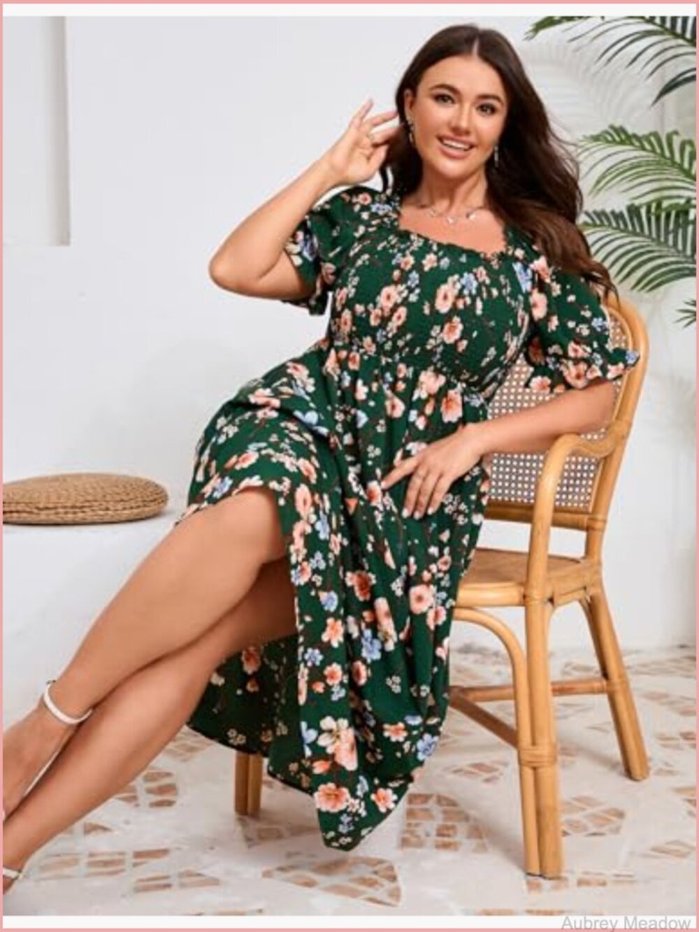 Plus Size Floral Midi Dress Square Neck Puff Sleeve Boho - Picture 2 of 6